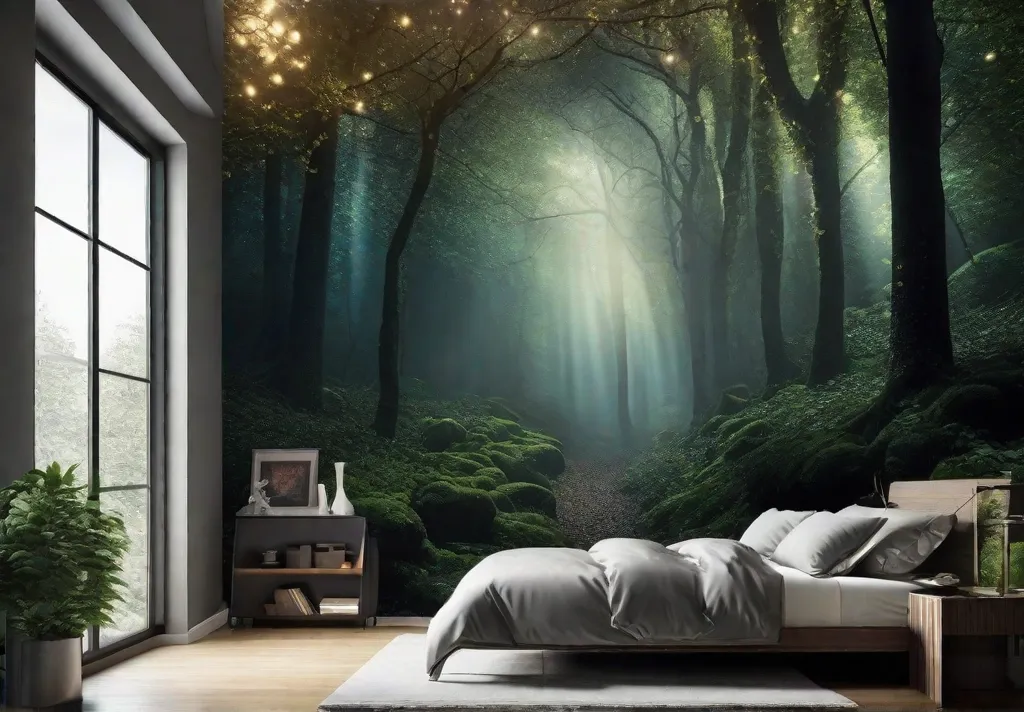 A small intimate bedroom nook with a dark forestthemed wall mural that