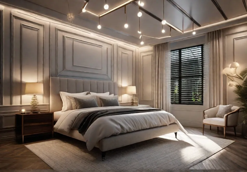 A softly lit bedroom featuring dimmable ceiling lights casting a gentle glow