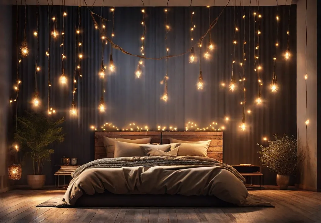 A softly lit bedroom with amberhued fairy lights delicately strung around a