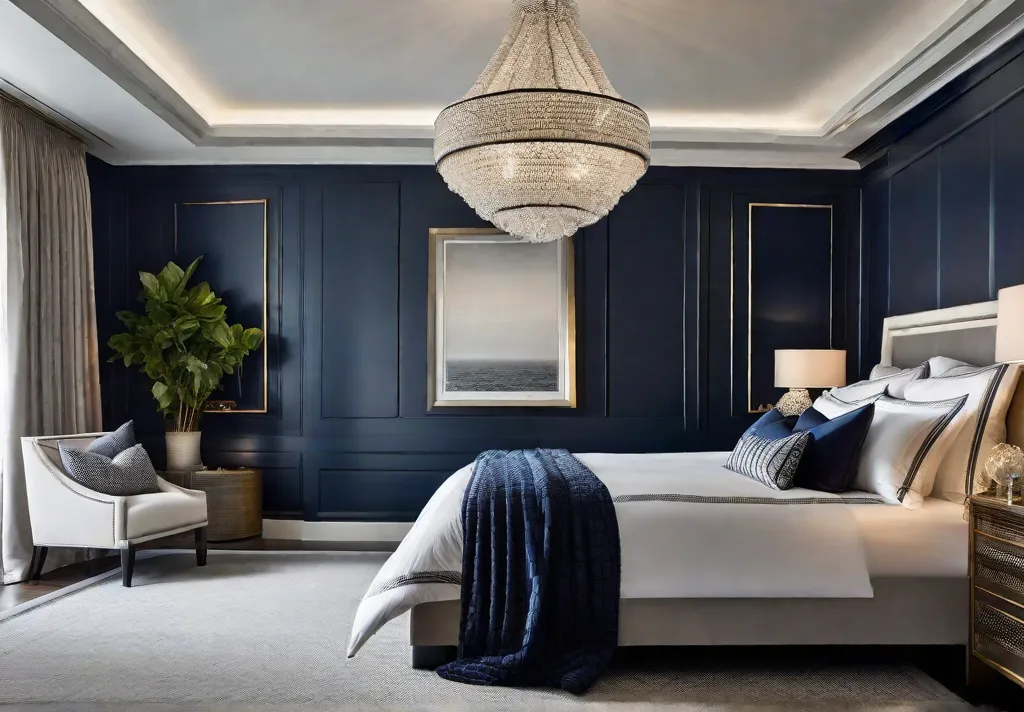 A sophisticated bedroom setup showing a mix of navy and grey textiles