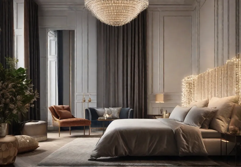 A sophisticated bedroom showcasing an opulent oversized mirror leaning against one wall