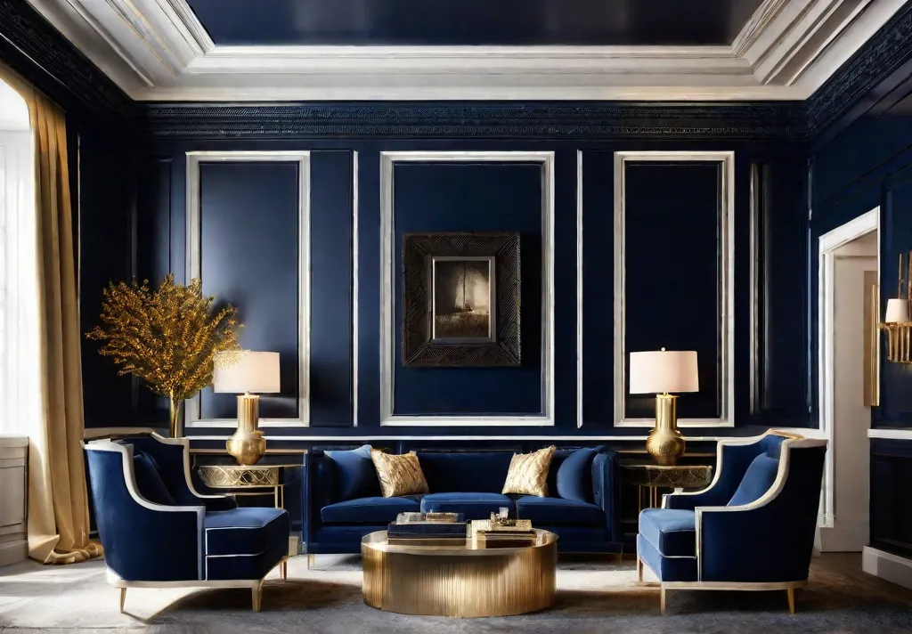 A sophisticated living room featuring bold navy walls