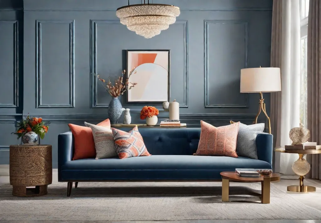 A sophisticated living room that combines soft blues and neutral furniture