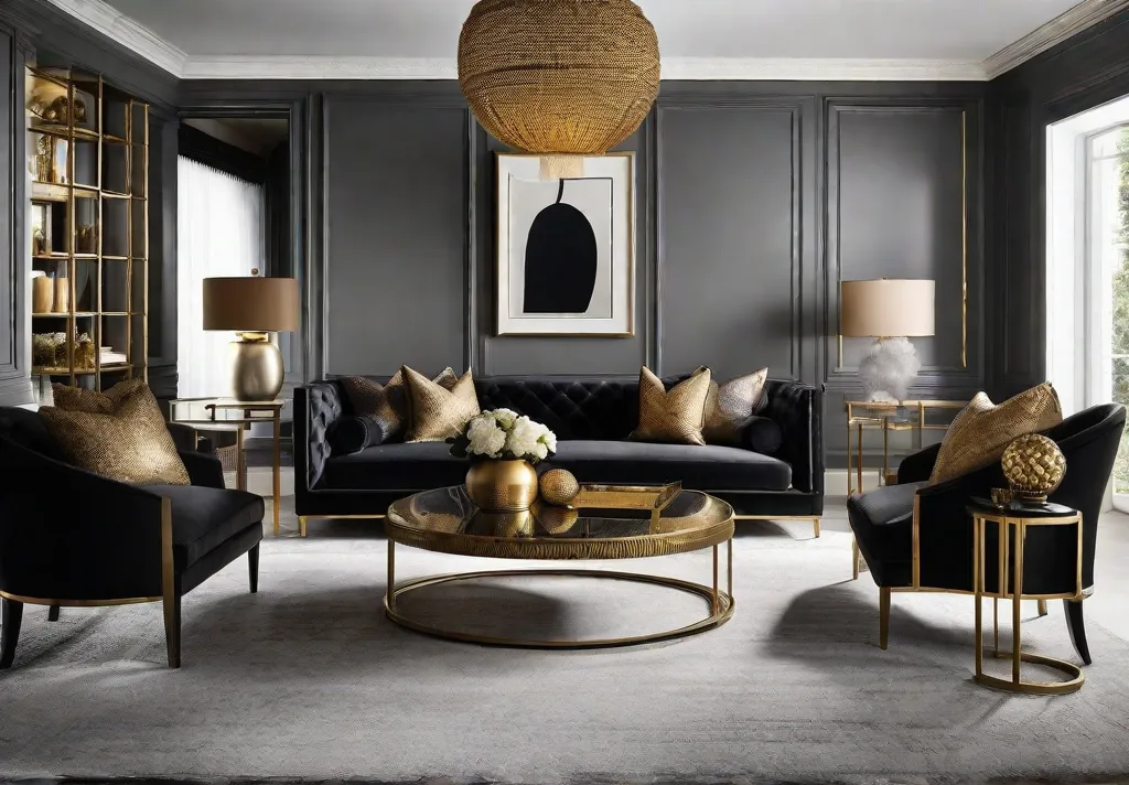 A sophisticated vignette featuring a mix of bold black and gold accents in a living room setting
