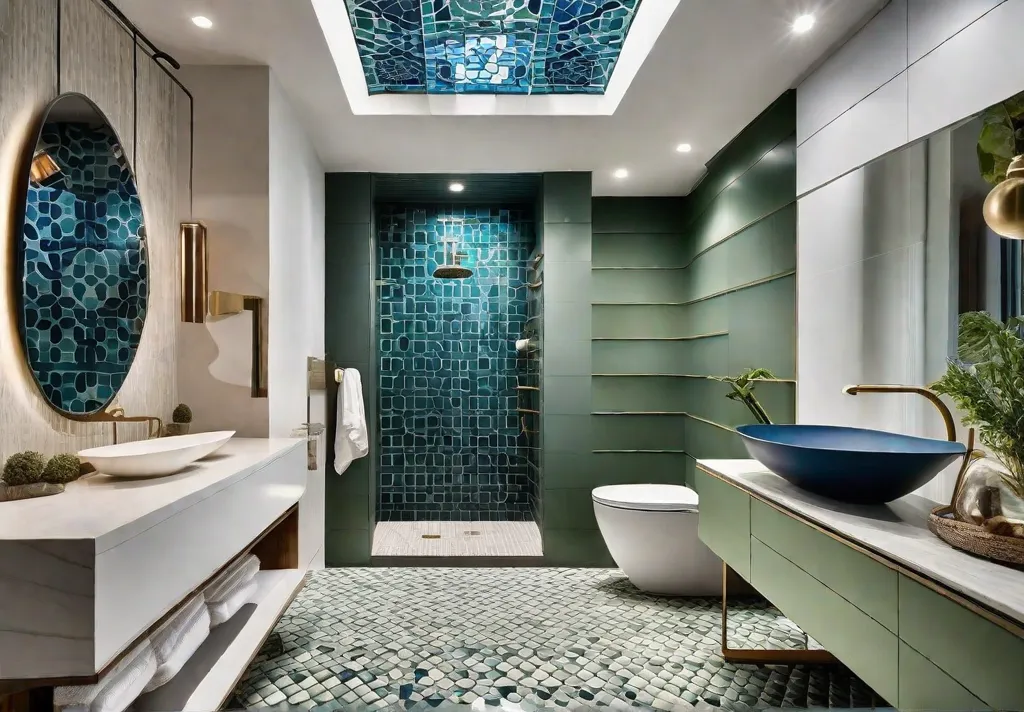 A spacious artistic installation shower featuring a bold geometric tile design in shades of blue and green