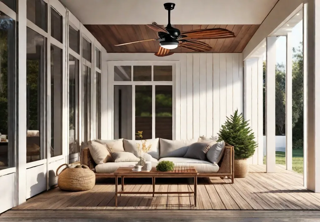 A spacious front porch lit by an elegant ceiling fan with integrated lighting