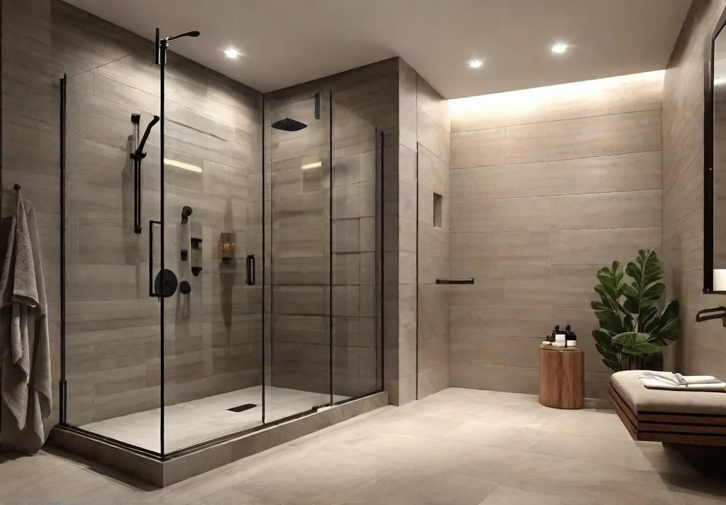 A spacious walk in shower with a glass enclosure