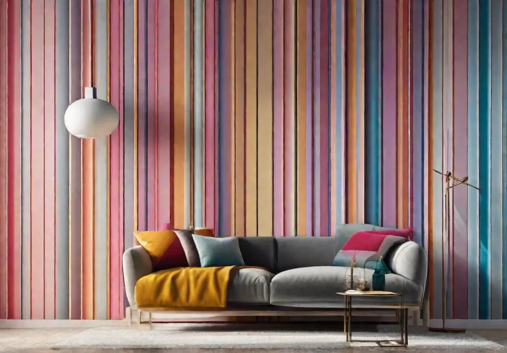 A statement wall painted with a bold geometric pattern combining pastel and vibrant hues