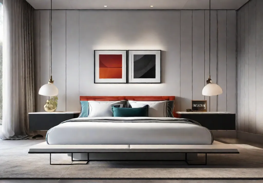 A streamlined clutterfree bedroom space showcasing a minimalist design with a sleek