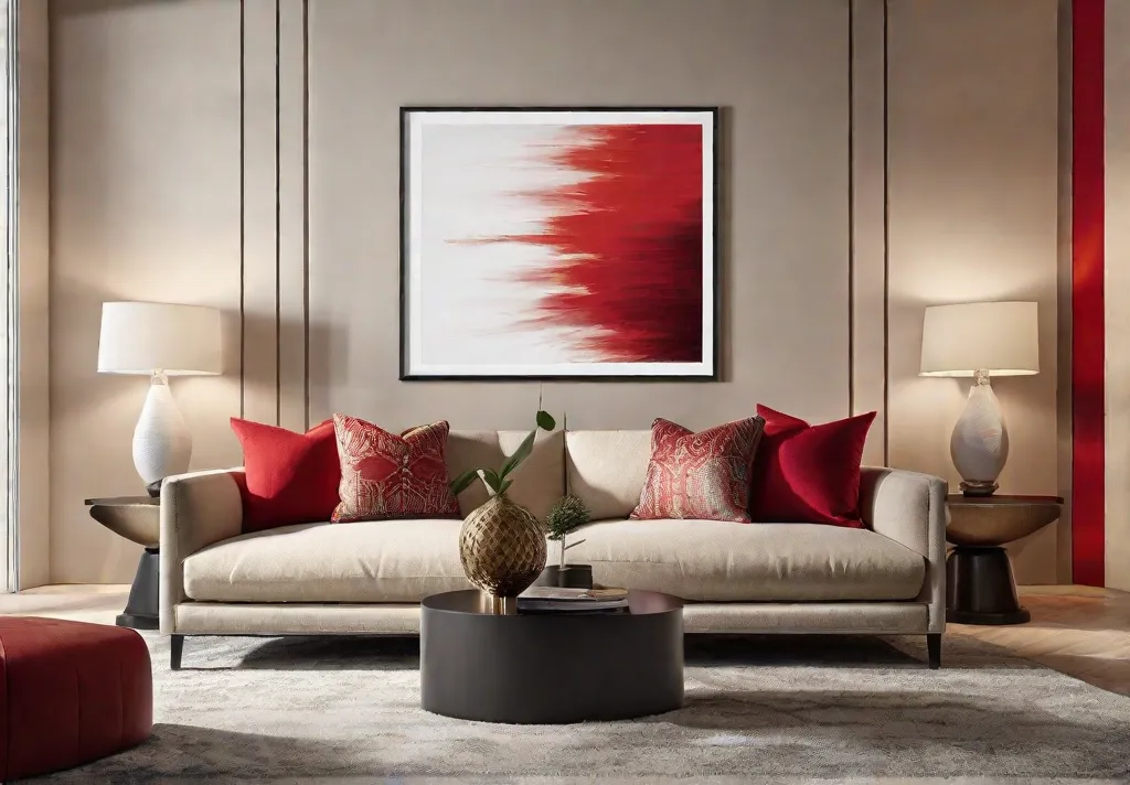 A striking living room featuring a bold red accent wall that contrasts with the soft beige furniture