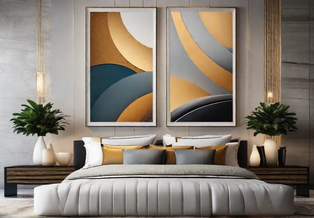 A striking statement wall behind the bed featuring bold abstract art that