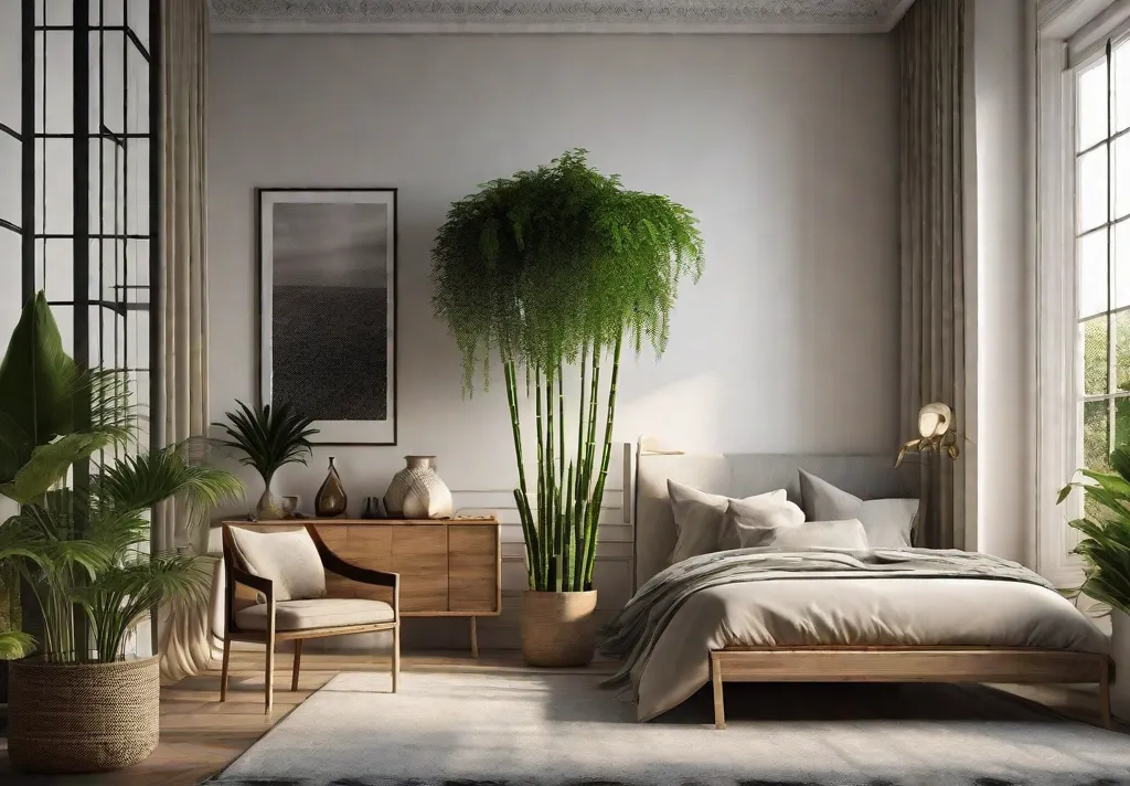 A tranquil bedroom corner filled with lush indoor plants of different shapes