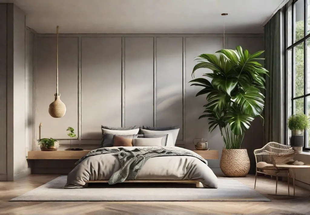 A tranquil bedroom corner with a large leafy indoor plant in a