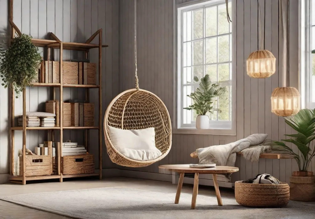 A tranquil boho bedroom setup designed for relaxation featuring a hanging rattan