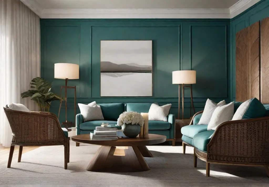 A tranquil living room featuring teal walls