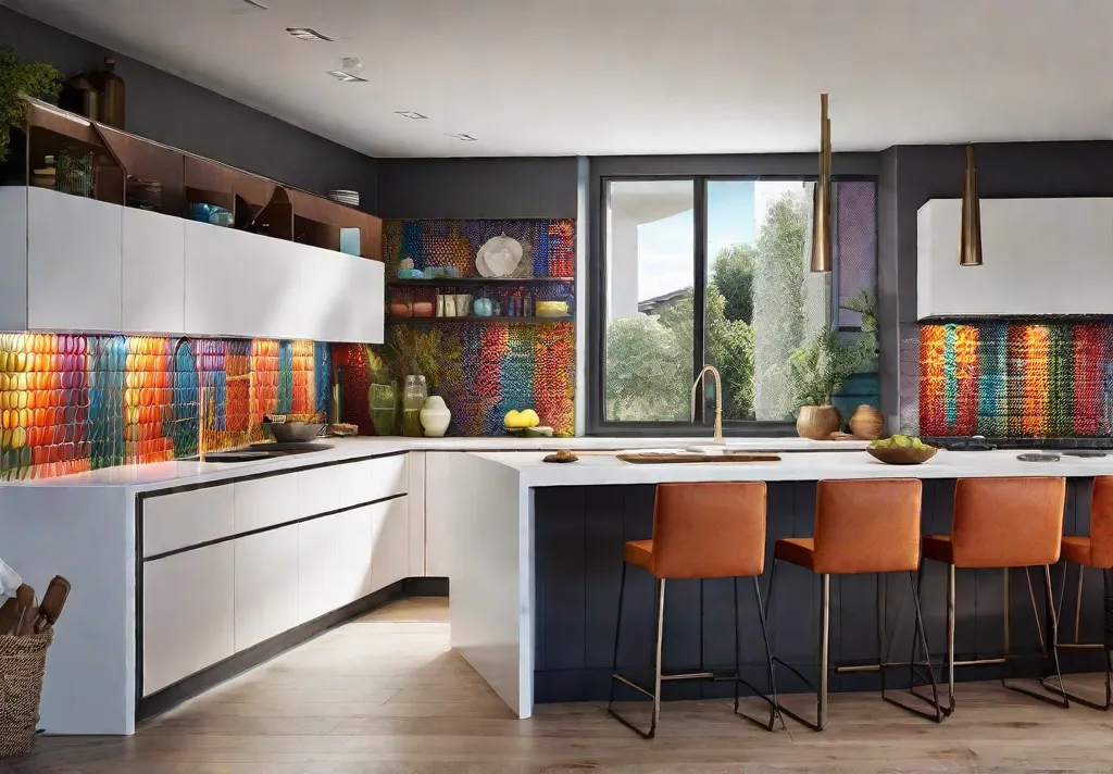 A vibrant kitchen featuring a bold