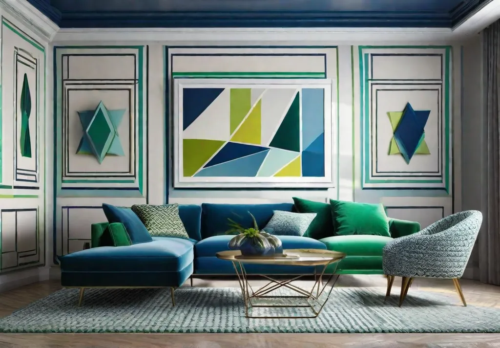 A vibrant living room wall with a hand painted geometric pattern in shades of blue and green