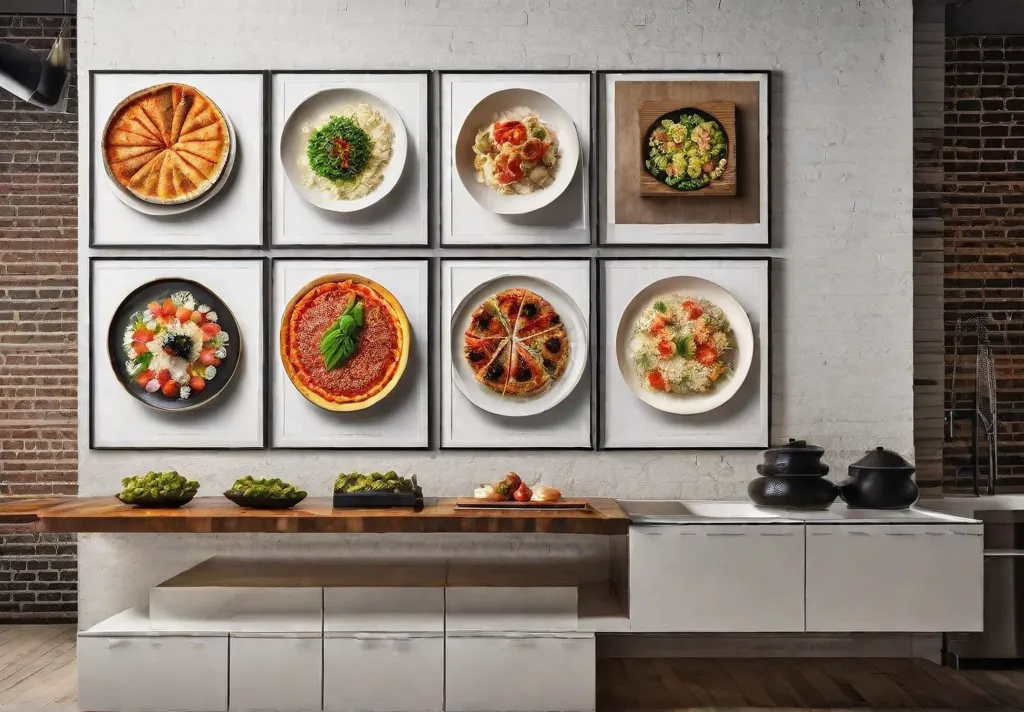 A vibrant wall collage of world cuisine art in a culturally rich kitchen