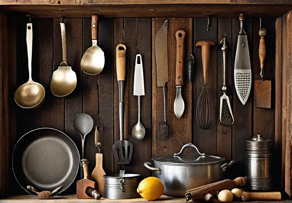 A vintage kitchen setting displaying an assortment of antique culinary tools mounted on a reclaimed wood board