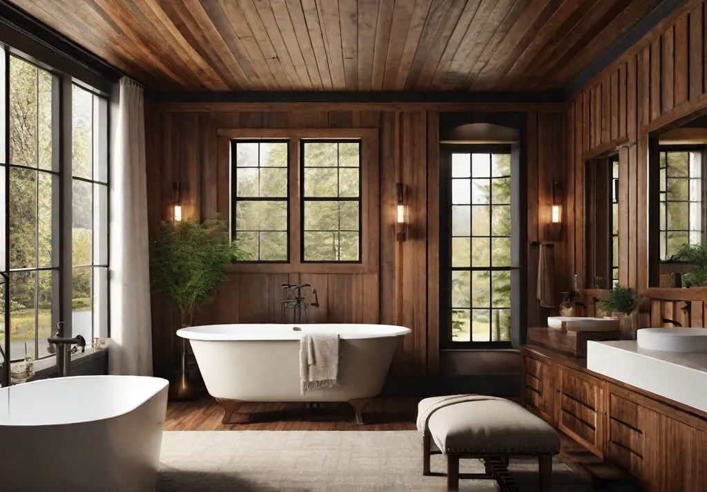 A warm and inviting rustic retreat bathroom with wood paneling