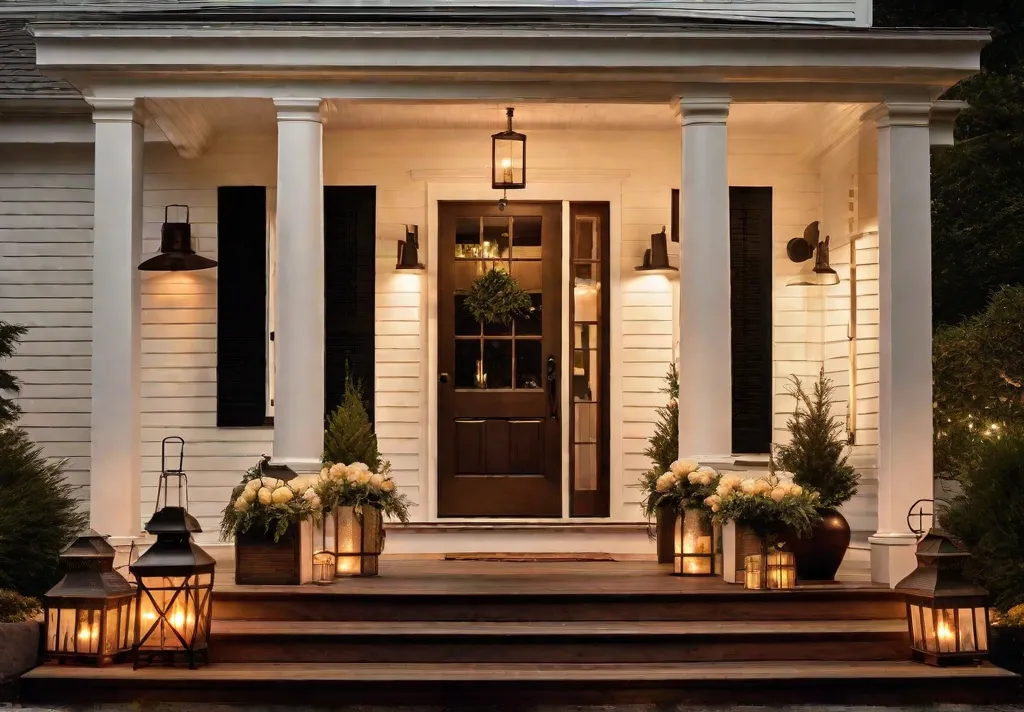 A warmly lit front porch