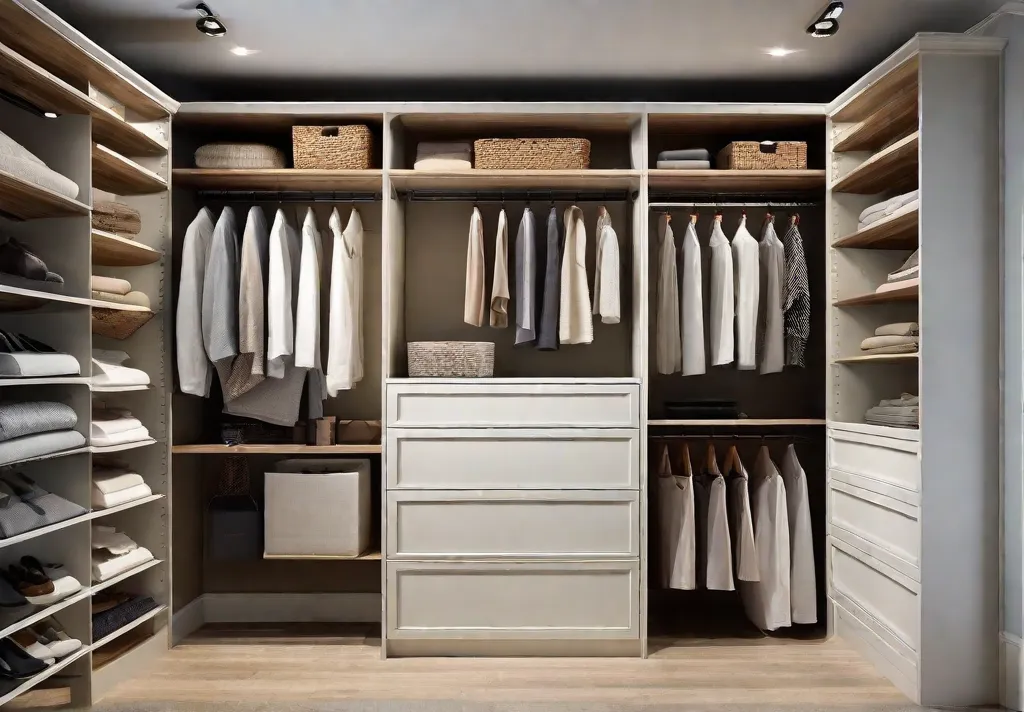 A wellorganized closet system highlighted with wooden hangers evenly spaced drawers partially