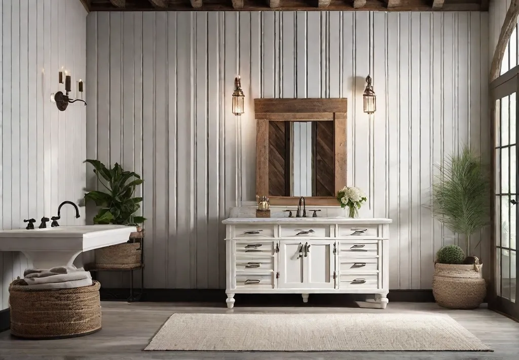 A white vintage vanity with ornate details and a distressed finish