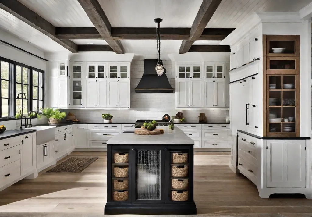 An airy farmhouse kitchen with matte black hardware on white shaker cabinets