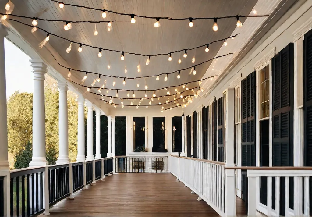 An array of string lights draped elegantly over the railings and ceiling of a spacious front porch