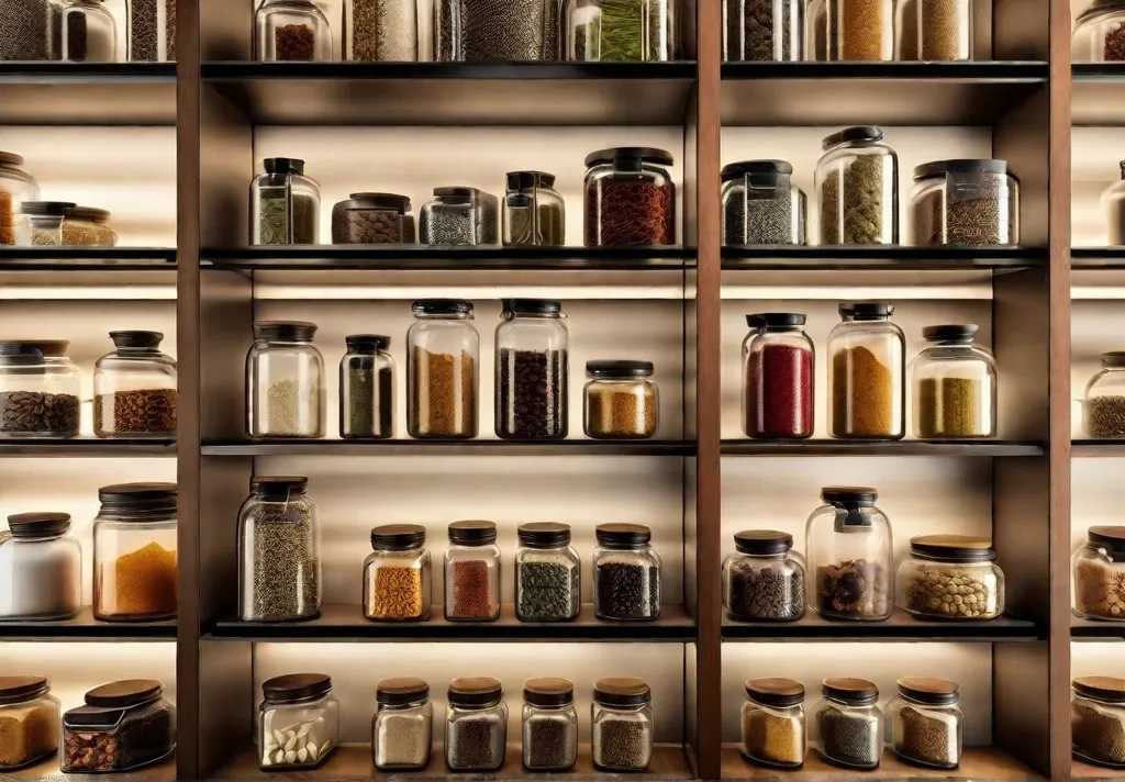 An artistic arrangement of floating shelves displaying a collection of rare spices in unique glass jars