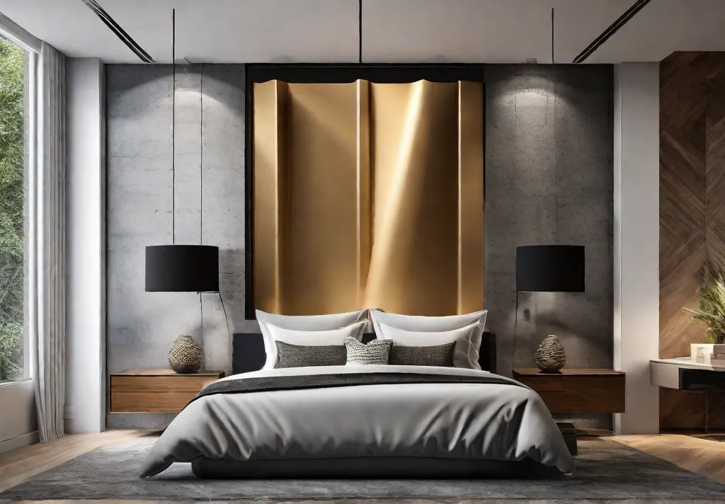 An artsy bedroom view featuring a large abstract metal wall art piece