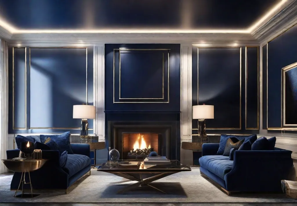 An atmospheric evening shot of a navy blue living room