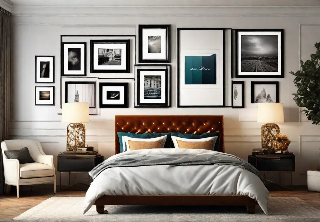 An eclectic gallery wall above the bed showcasing an array of personal