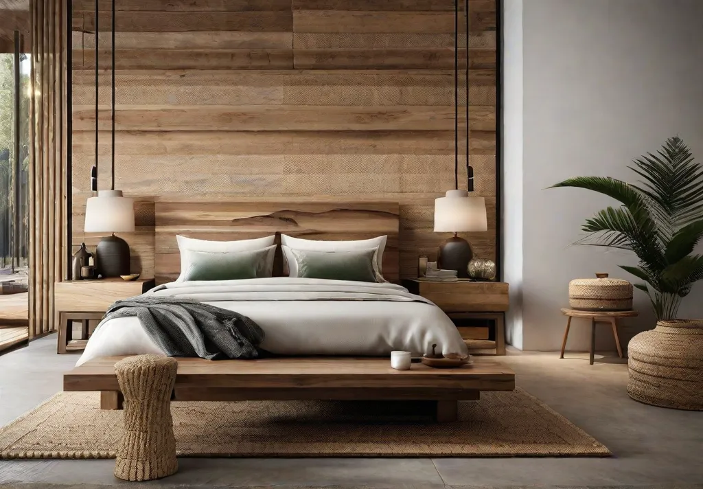 An elegant bedroom showcasing the use of natural materials with a stunning