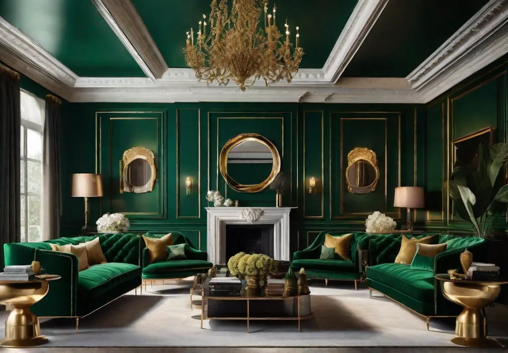 An elegant living room boasting emerald green walls
