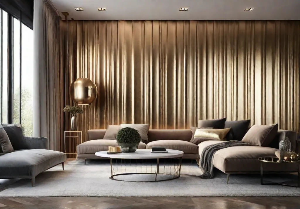 An engaging corner of a living room demonstrating the use of metallic hues on a feature wall