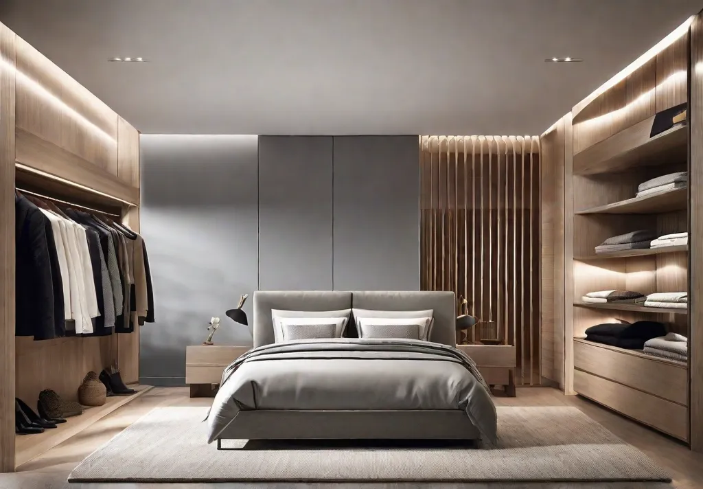 An example of a minimalist bedroom with an open closet system demonstrating