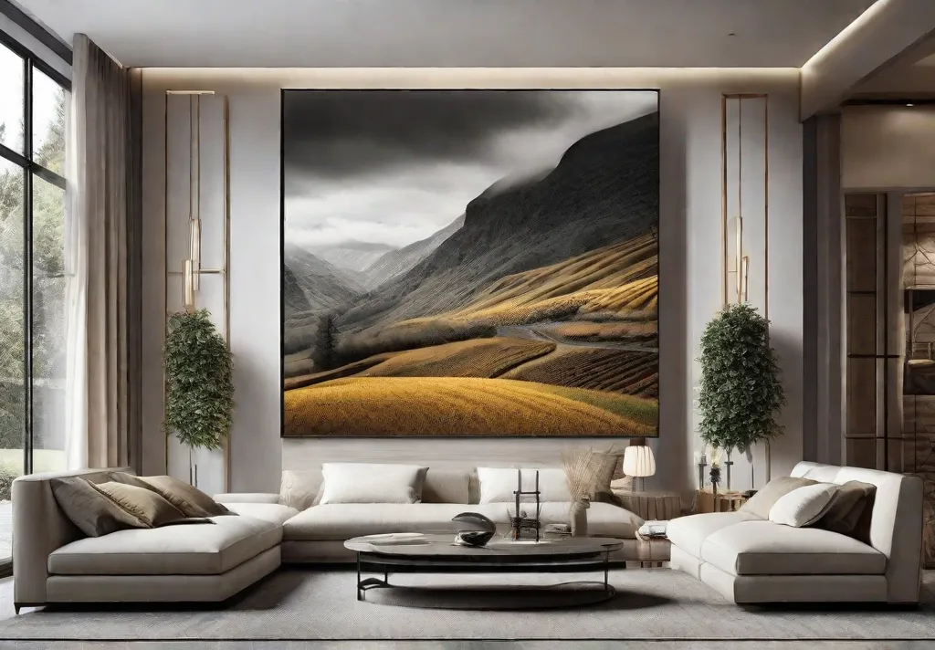 An expansive mural covering a living room wall with a scenic landscape