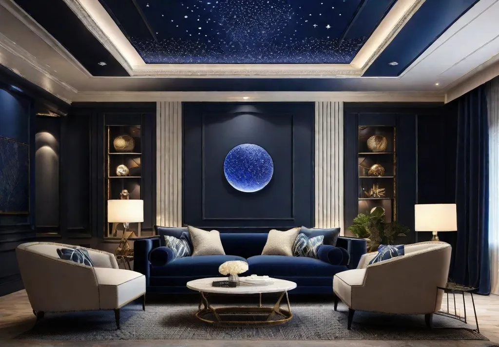 An innovative living room with the ceiling painted in a deep midnight blue