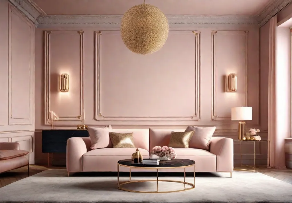 An intimate setting in a living room with walls painted in soft blush pink