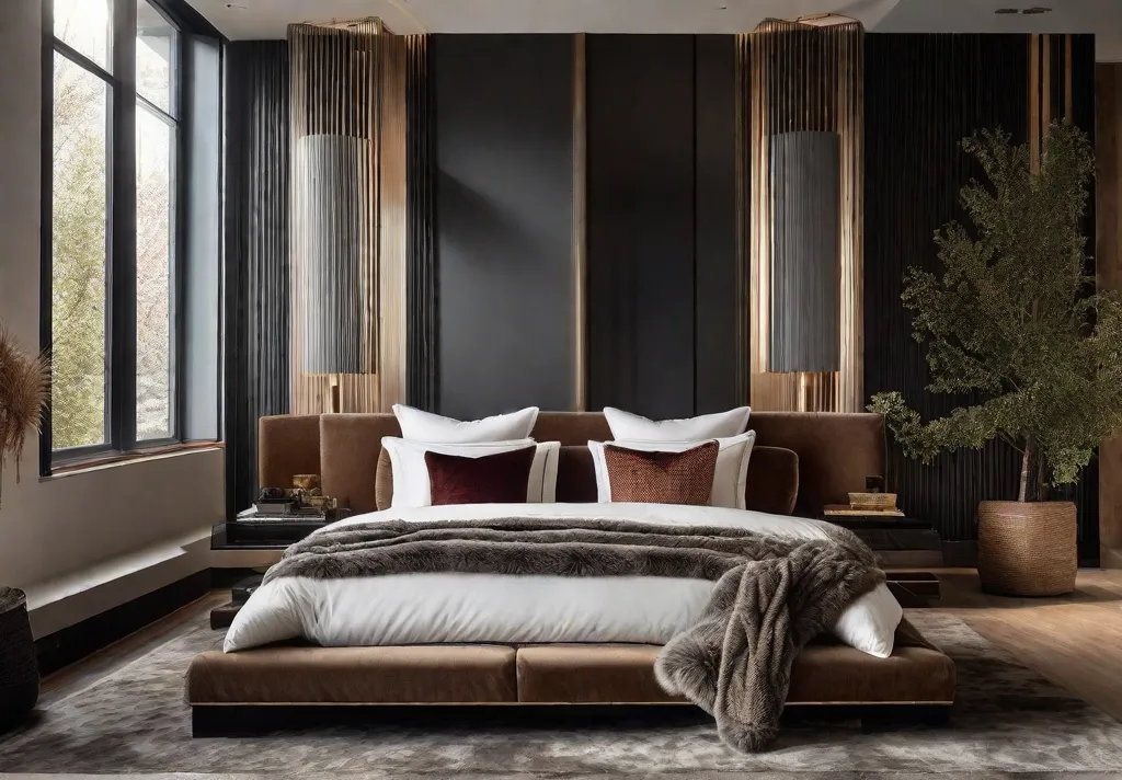 An inviting bed setup accentuated with various textures including a fluffy faux