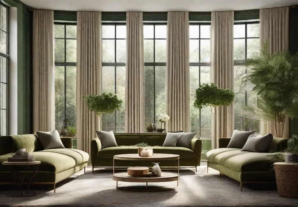 An olive green living room showcasing a large bay window draped in sheer white curtains