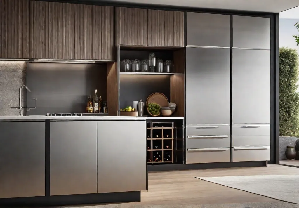 An organized kitchen featuring stainless steel bar pulls on both cabinets and