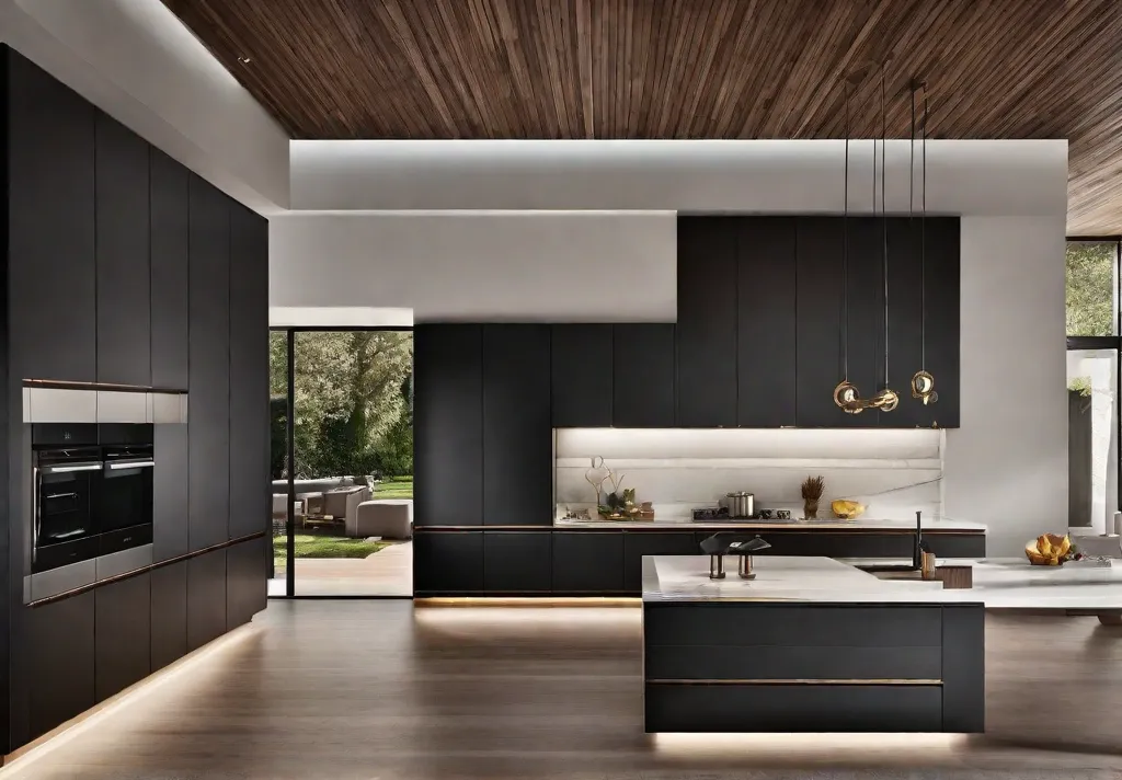 An overhead view of a contemporary kitchen showcasing integrated channel handles on