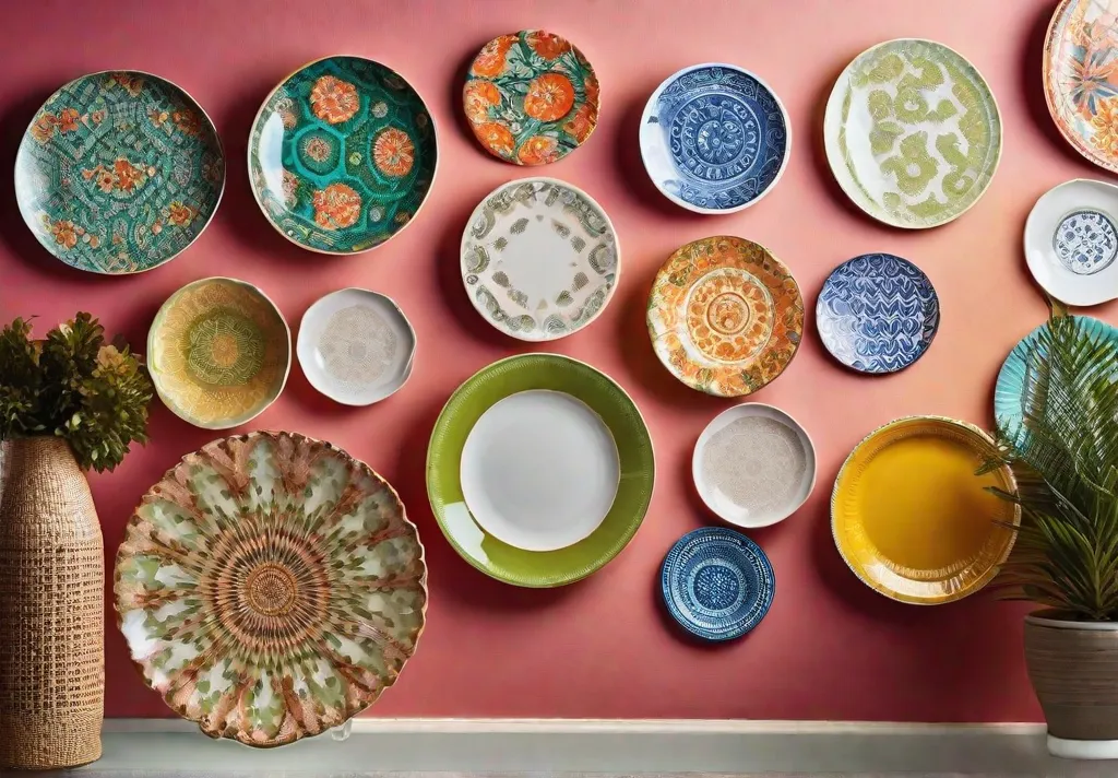 Close up of a vibrant and colorful DIY plate wall