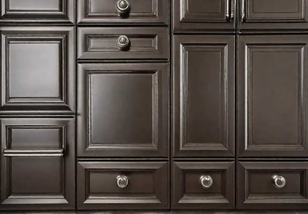 Closeup of sleek silver metal knobs on dark wood kitchen cabinets highlighting