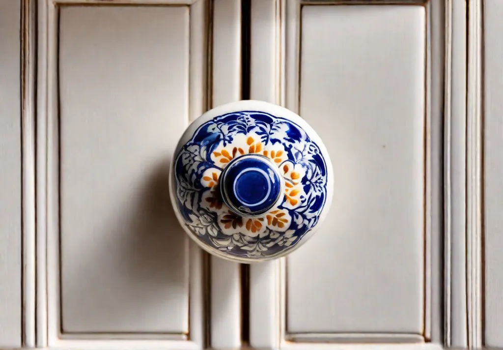 Closeup photo of a handpainted ceramic knob with delicate floral patterns installed