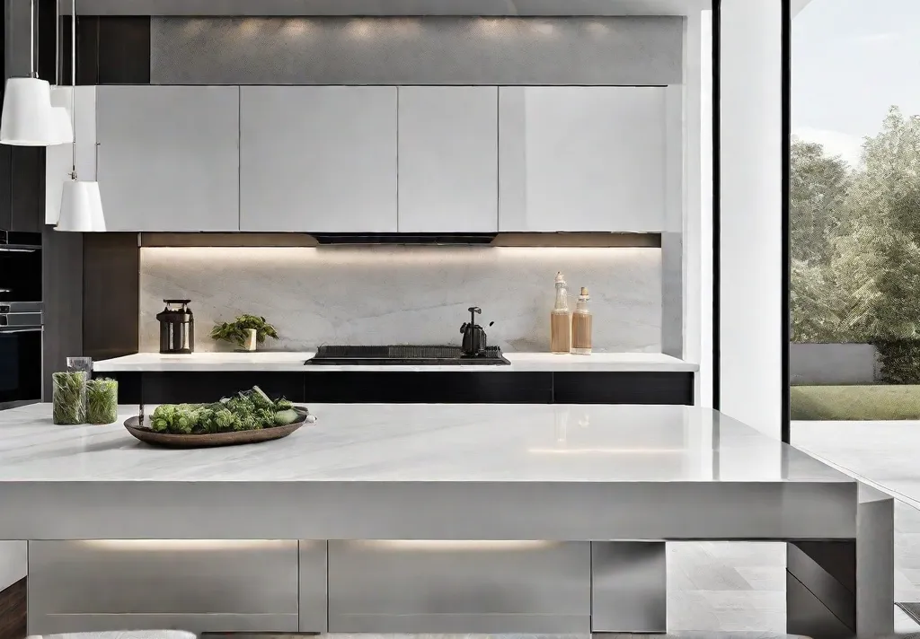 Contemporary kitchen scene with sleek stainless steel hardware on minimalist cabinetry complemented