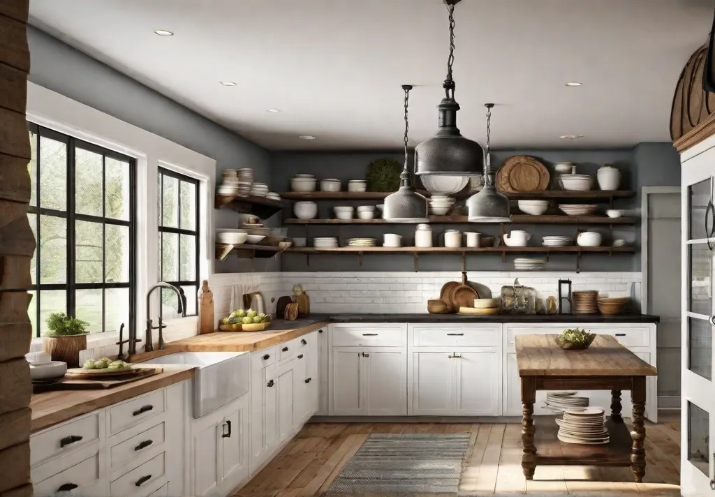 Cozy farmhouse style kitchen with floating wooden shelves