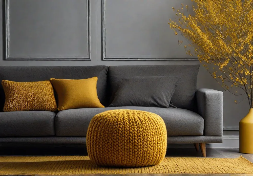 Detail of a mustard yellow knitted pouf and matching throw placed casually on a contemporary gray sofa